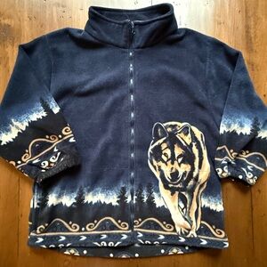 Vintage Navy Blue Wolf Print Fleece Jacket